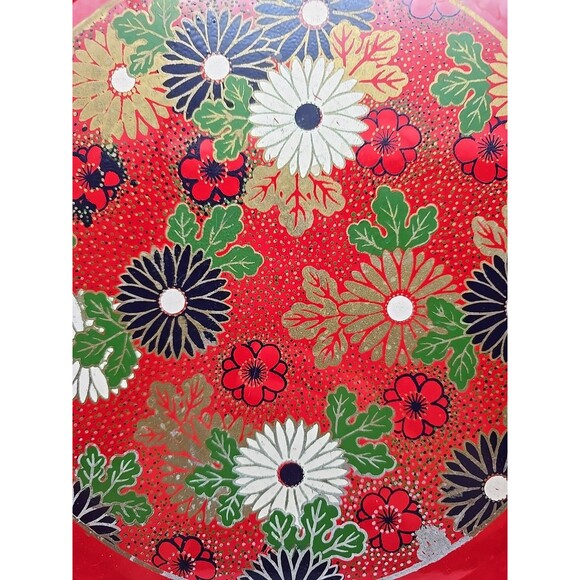 Vintage Round Red Lacquer Plastic Serving Tray Boho Flowers - Picture 7 of 11